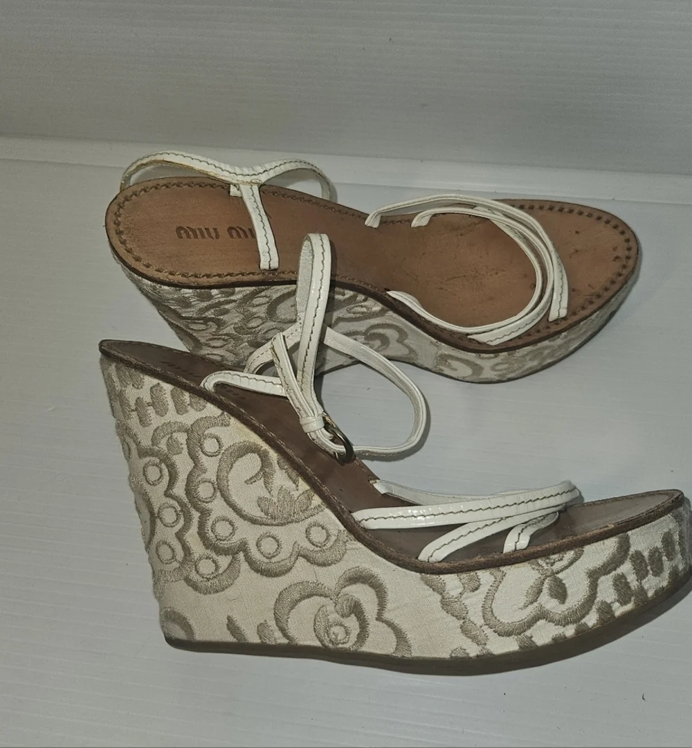 MIU MIU Prada Embroidered Platform Wedge High Heel Ankle Strap Sandals 37.5